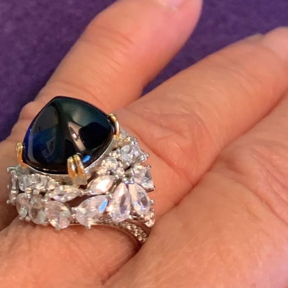 Sapphire ring, new, no tags, solid sterling, domed sapphire, white diamonds sz 7 - Picture 5 of 12